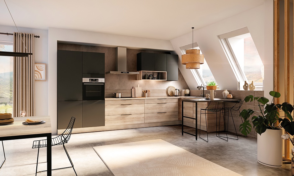 Light timber kitchen beneath skylights with black accents and a dining table