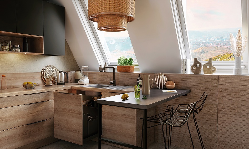 Kitchen island and skylight windows with warm timber cabinetry