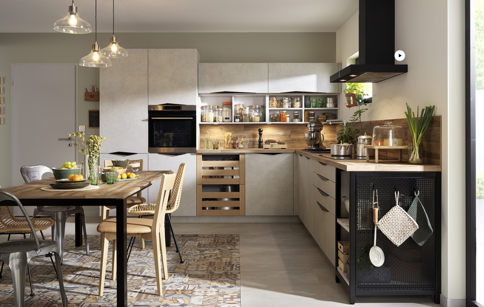 Contemporary Calm kitchen with dining table, warm timber worktops, porcelain cabinetry, and open shelving